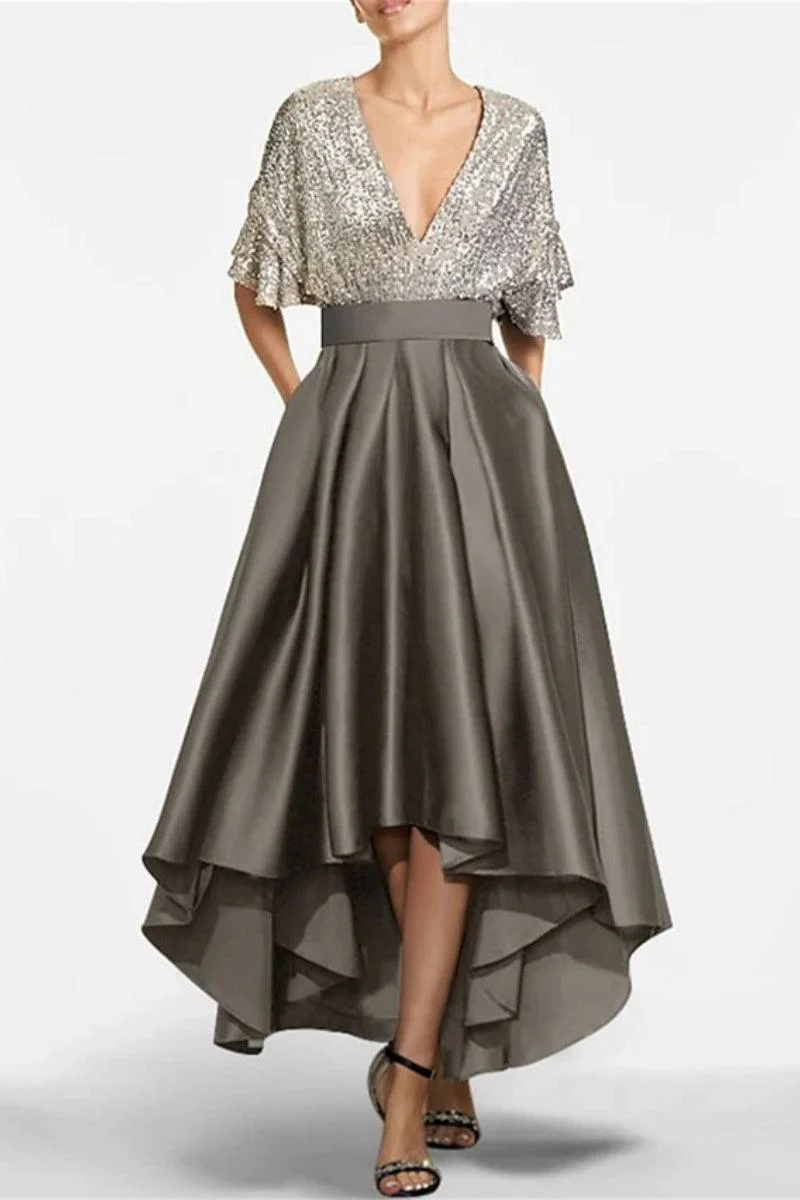 A Line V Neck Half Sleeves Asymmetrical Mother of the Bride Dresses CM0356