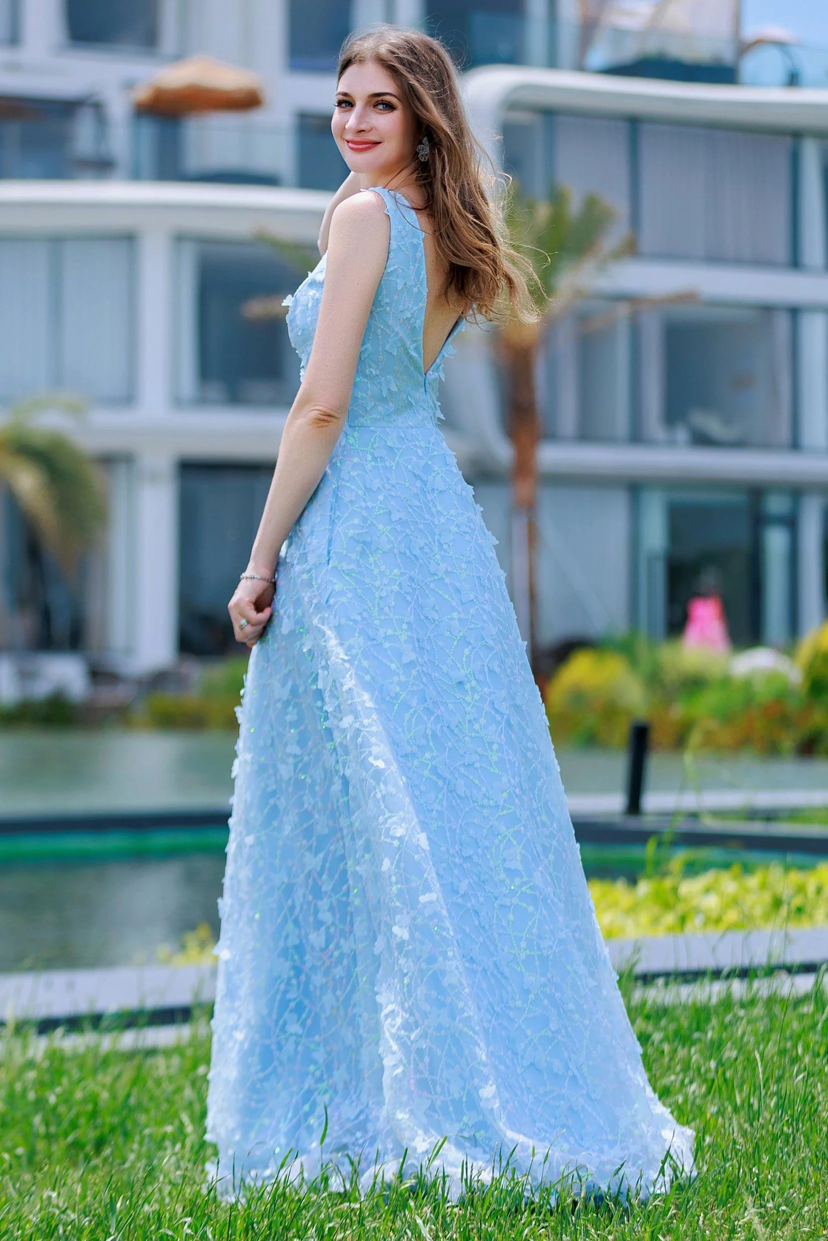 A-Line Sweep-Brush Train Sequined Lace Prom Dress CS0484
