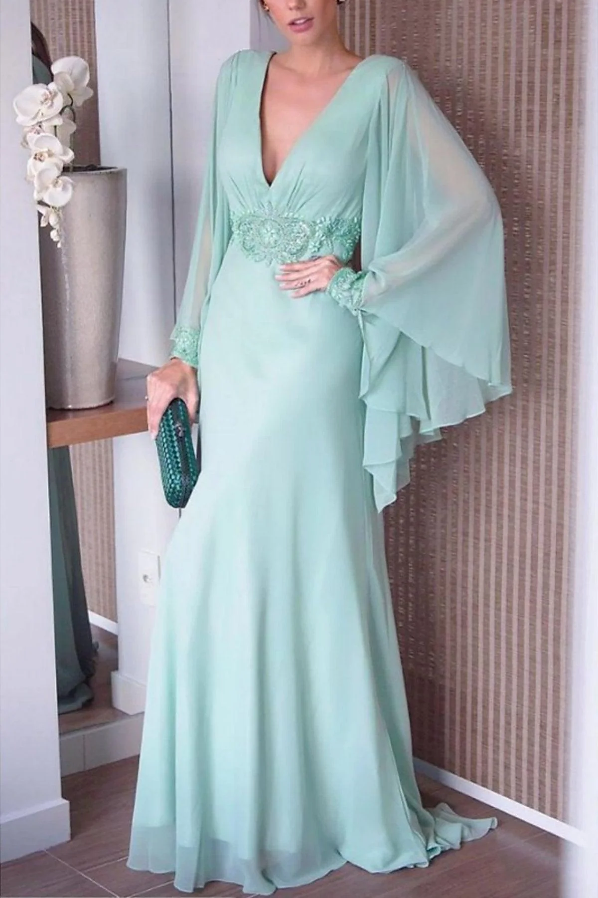 Sheath-Column Sweep-Brush Train Chiffon Mother Dress CM0077