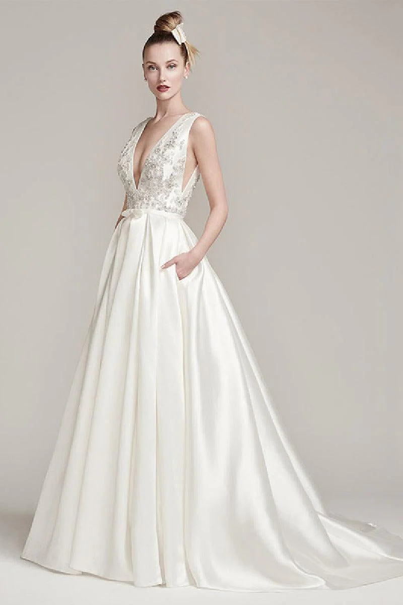 A-Line Sweep-Brush Train Satin Wedding Dress 611222896440