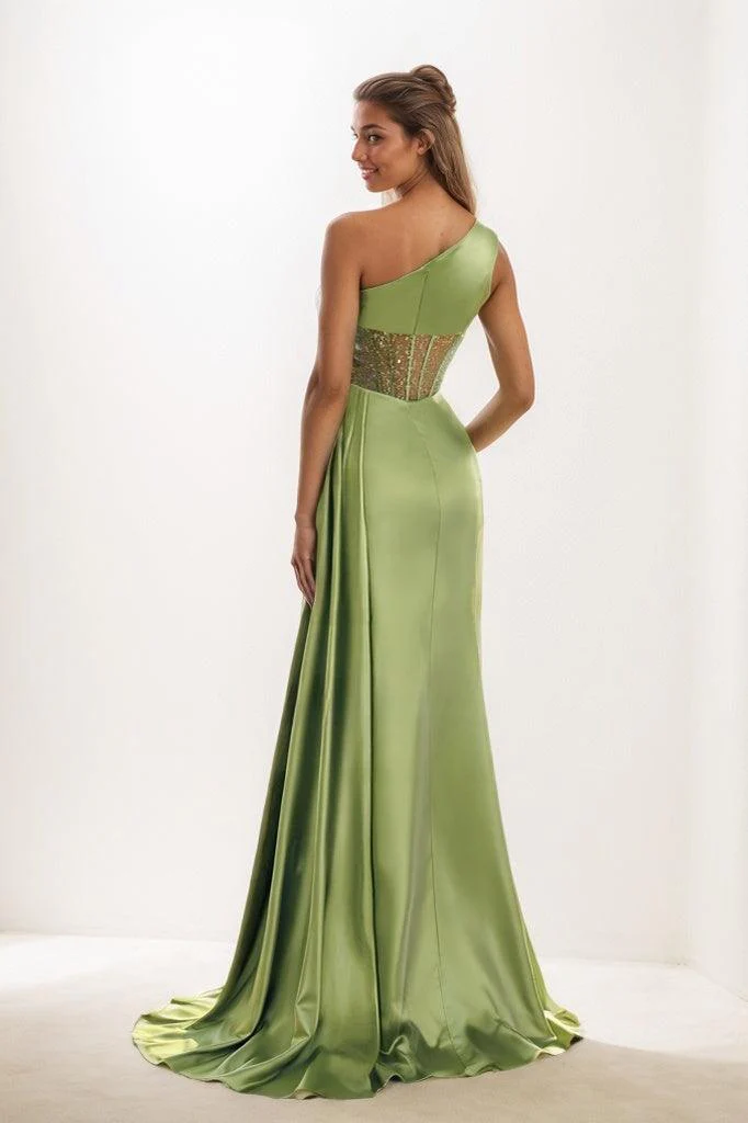 Classic One-Shoulder Sleeveless Silk Like Satin Prom Dresses CS0845
