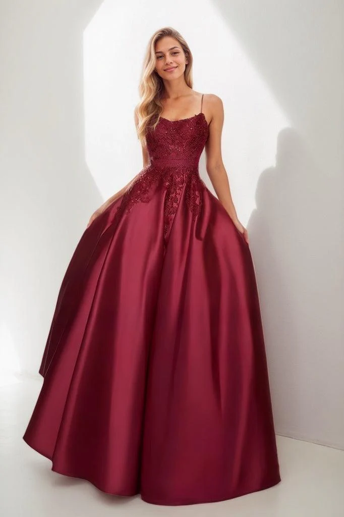 A-Line Scoop Neck Spaghetti Straps Satin Prom Dresses CS0825