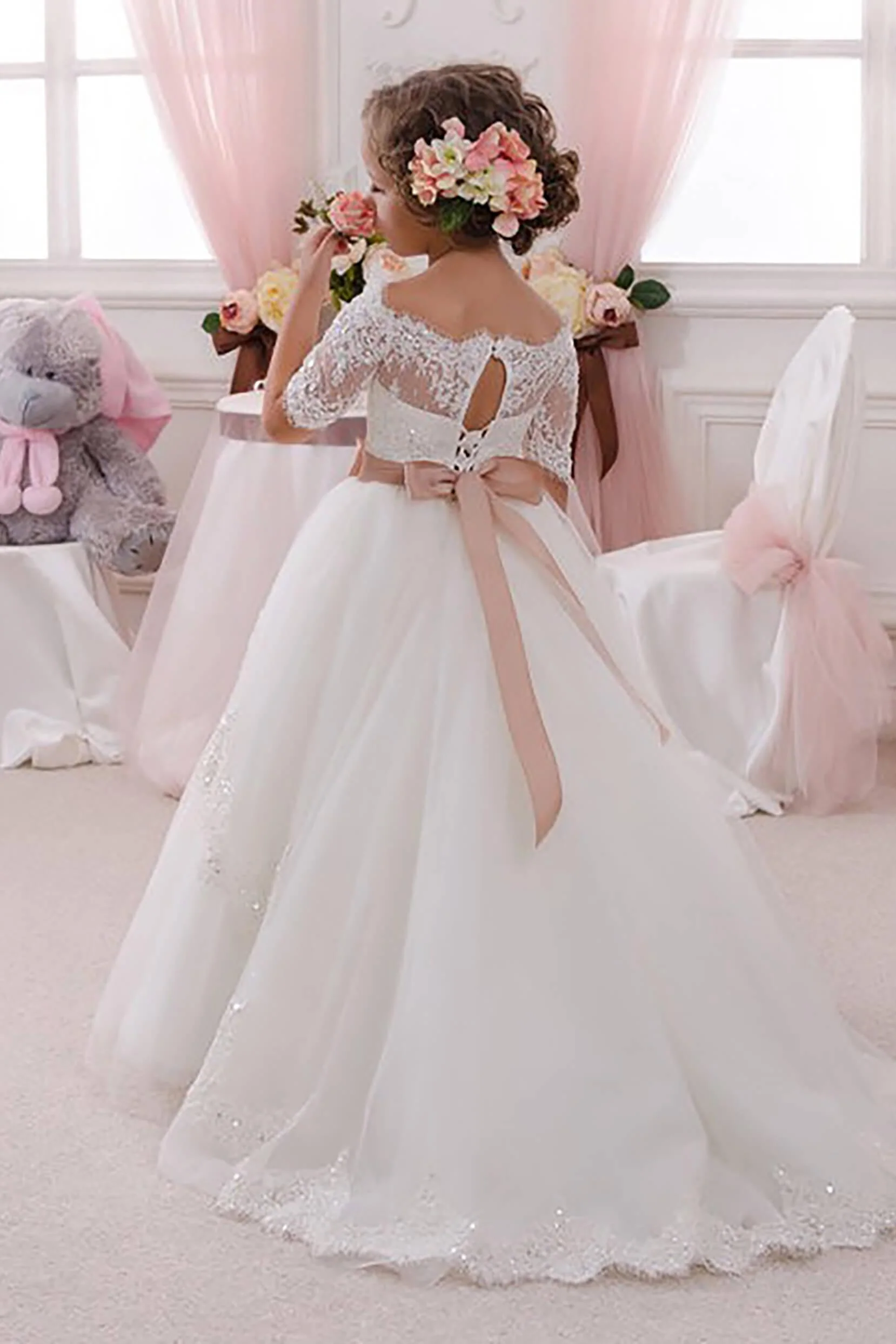 A-Line Floor Length Tulle Lace Flower Girl Dress CF0333