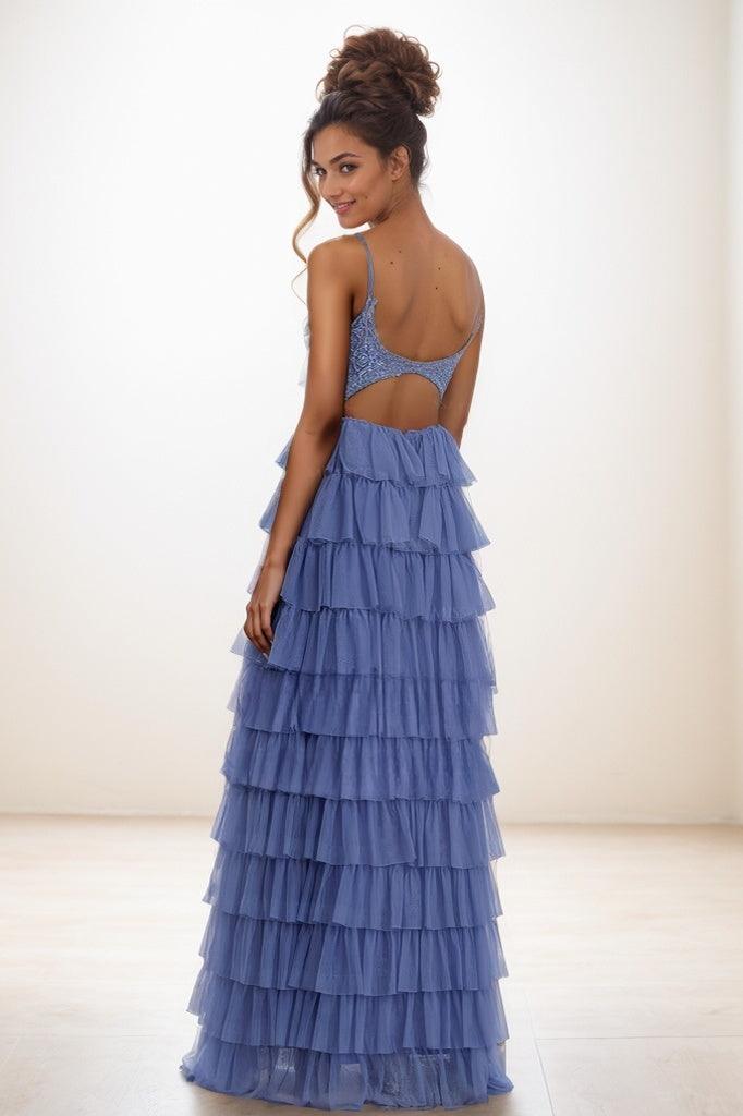 V-Neck Spaghetti Straps Back Hole Tulle Prom Dresses CS0811
