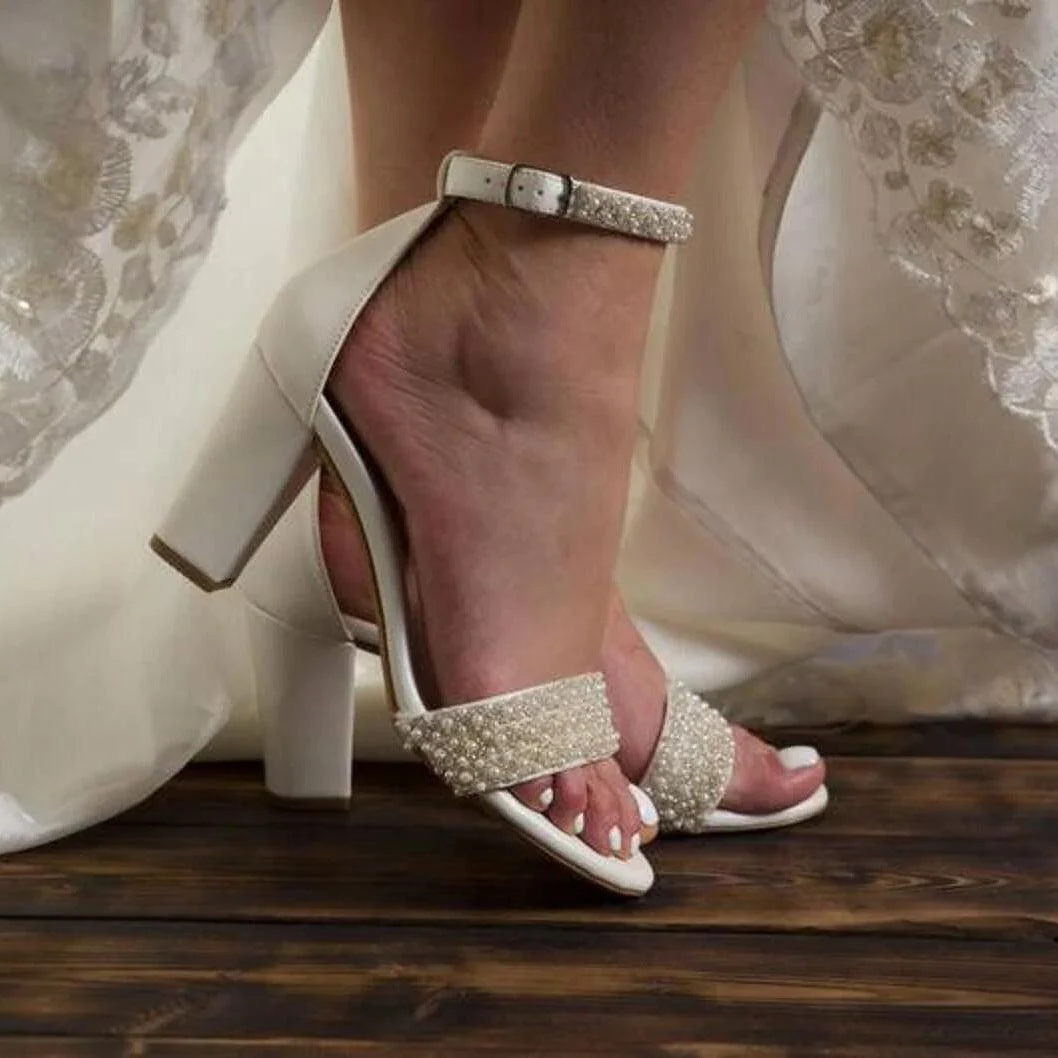 White Pearl Ankle Strap Round Block Heel Sandals 708036540906