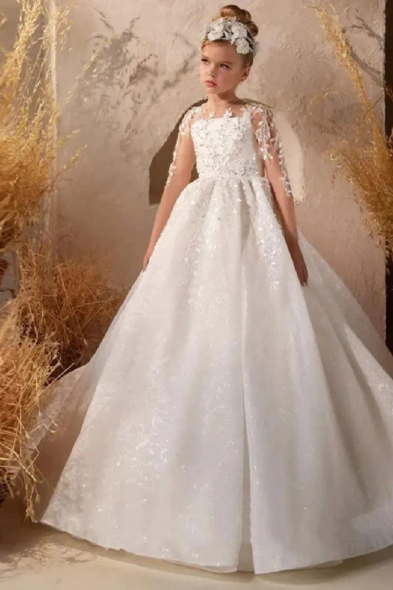 A-Line Illusion Neck Long Sleeve Tulle Court Train Flower Girl Dresses 757294973843