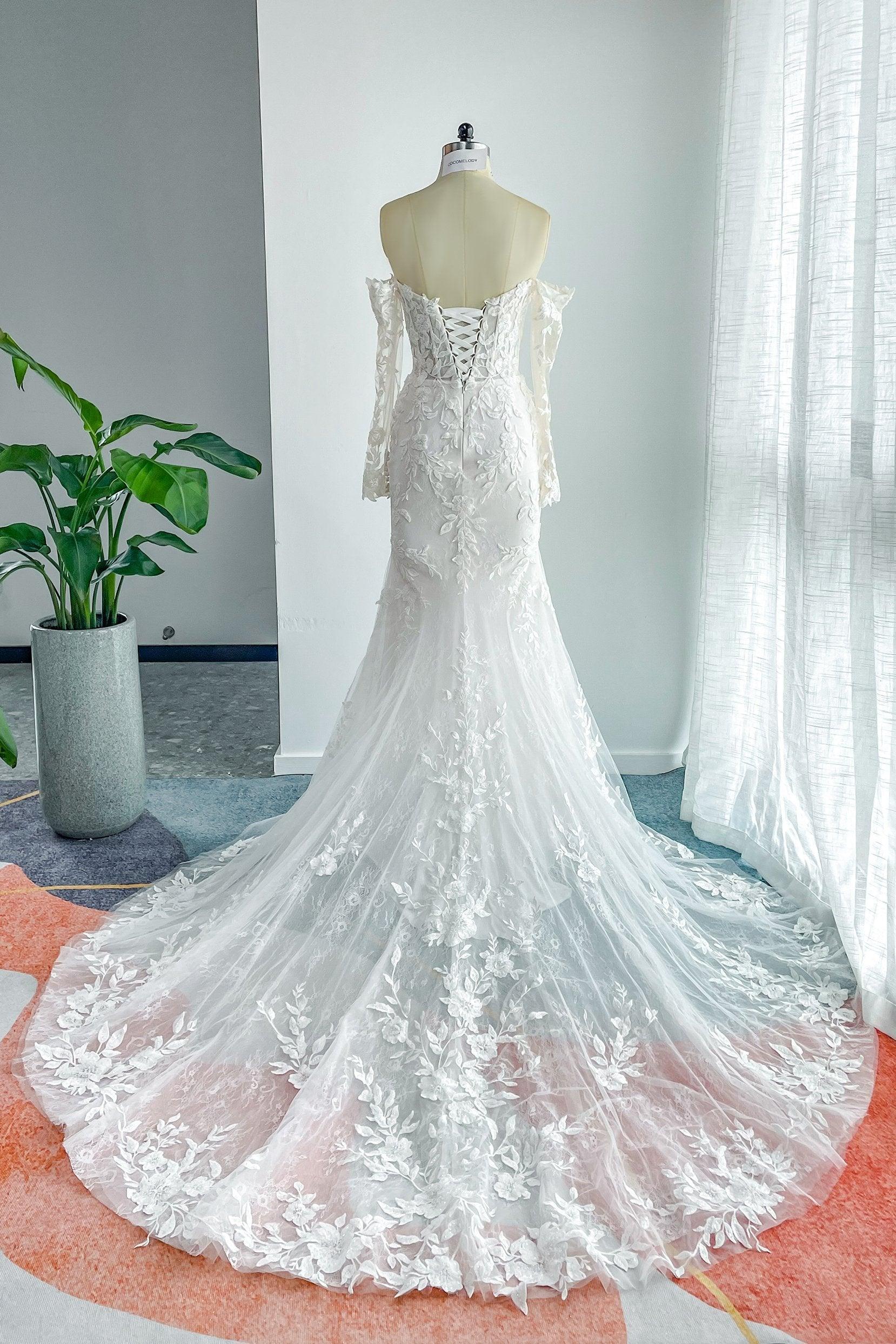 Trumpet-Mermaid Chapel Train Lace Tulle Wedding Dress CW3135CR