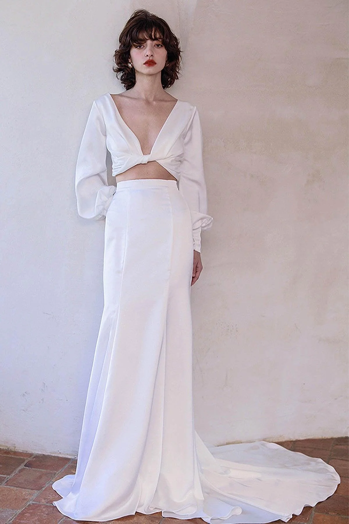 Two-Piece Sweep-Brush Train Satin Wedding Dress CW3048