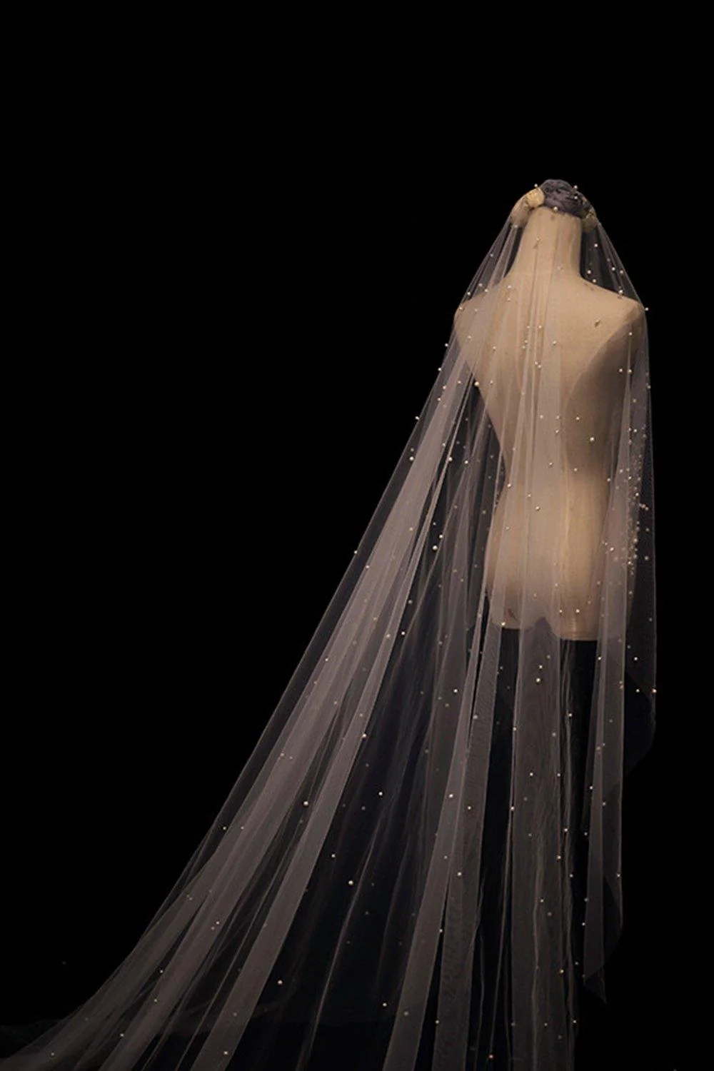 One-tier Cut Edge Tulle Chapel Veils with Pearls CV0348