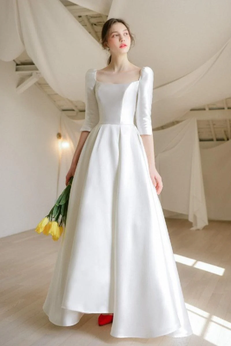 A-Line High-Low Satin Wedding Dress 675834048411