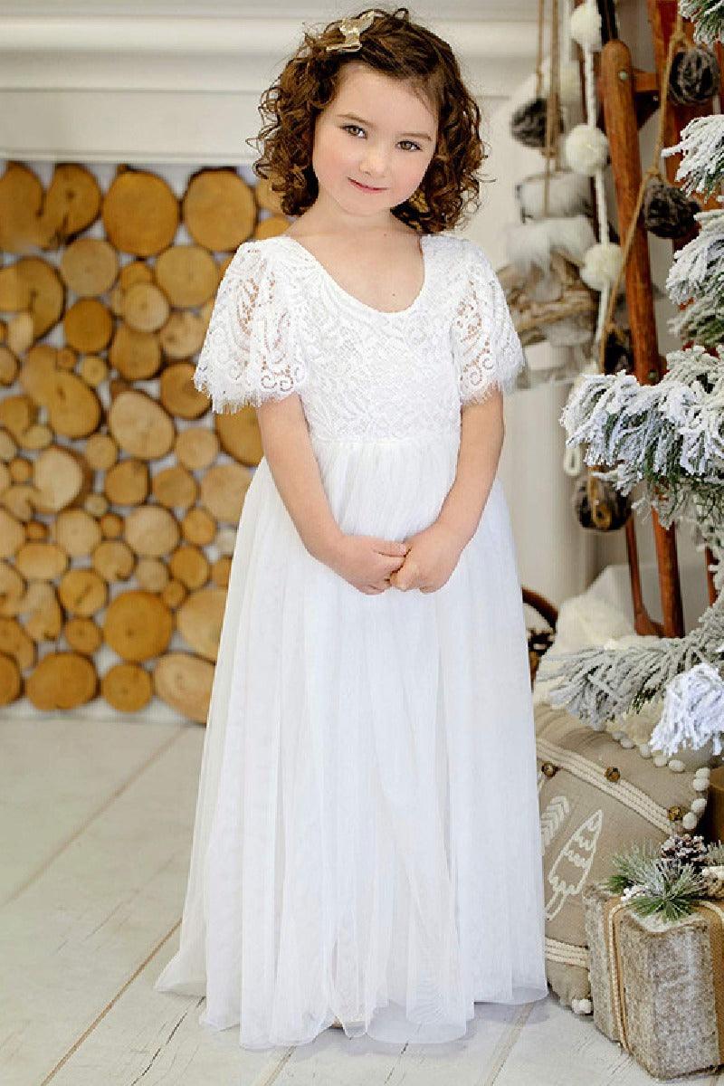 A-Line Scoop Neck Short Sleeve Tulle Maxi Flower Girl Dress 727468954365