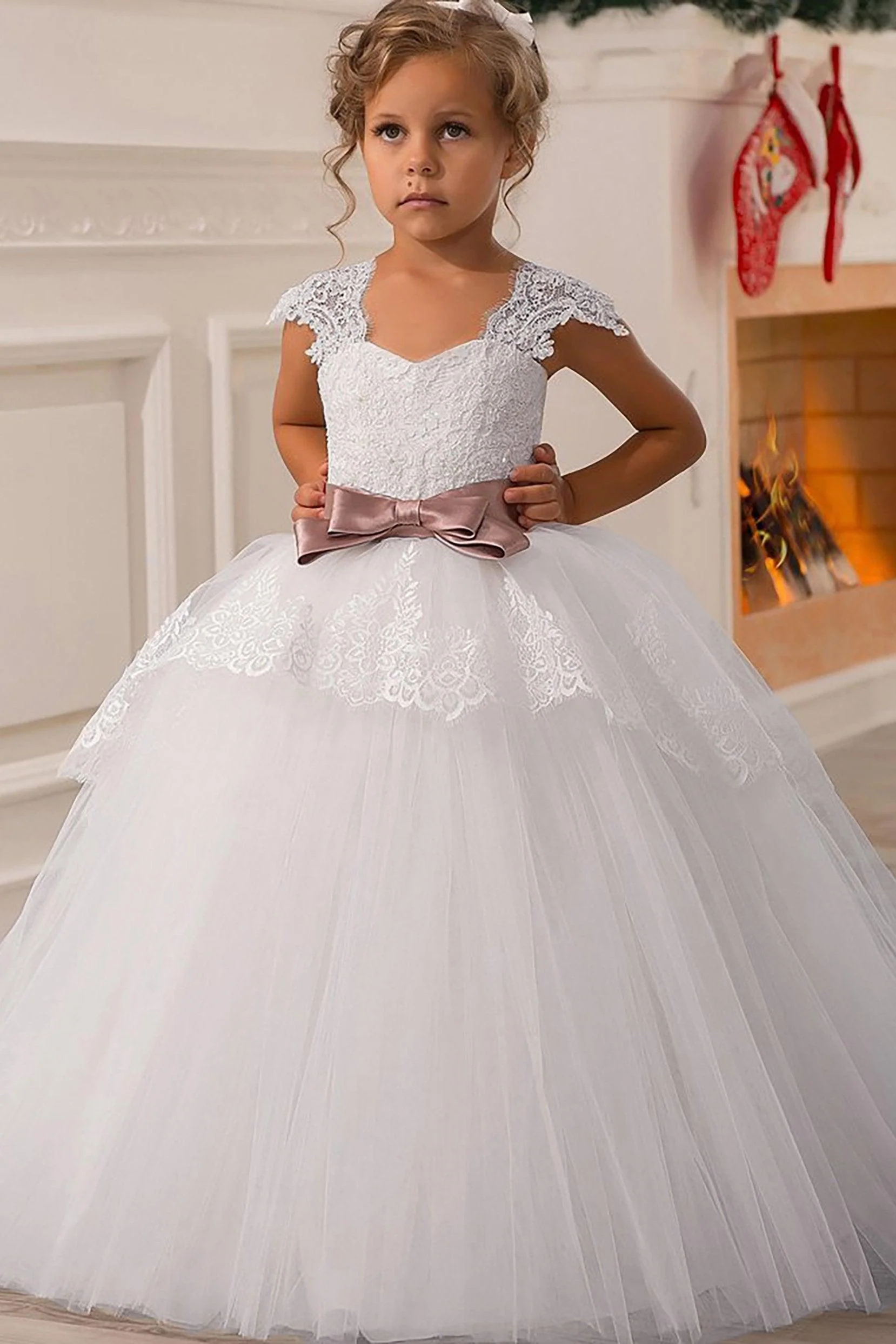 A-Line Floor Length Tulle Lace Flower Girl Dress CF0335