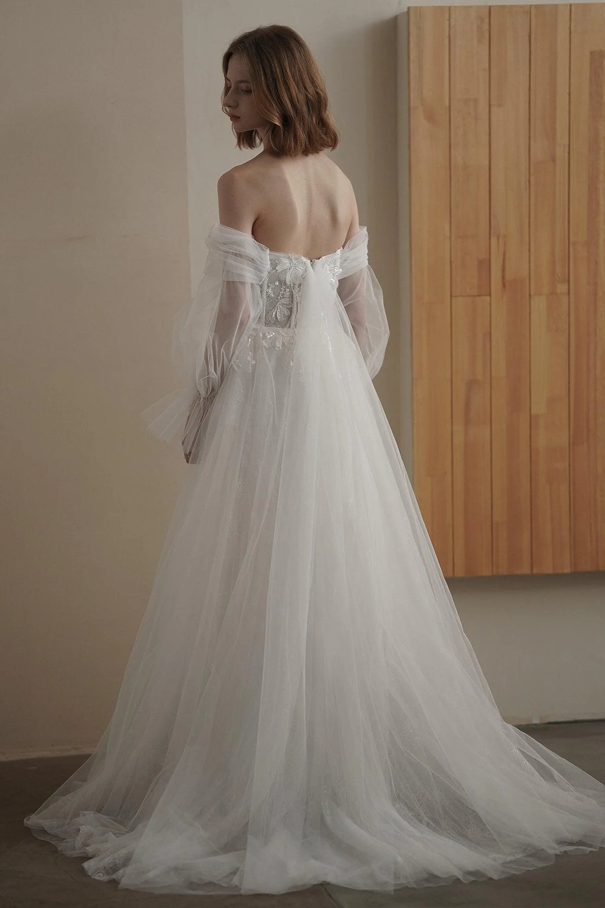 A-Line Sweep-Brush Train Lace Tulle Wedding Dress CW3094