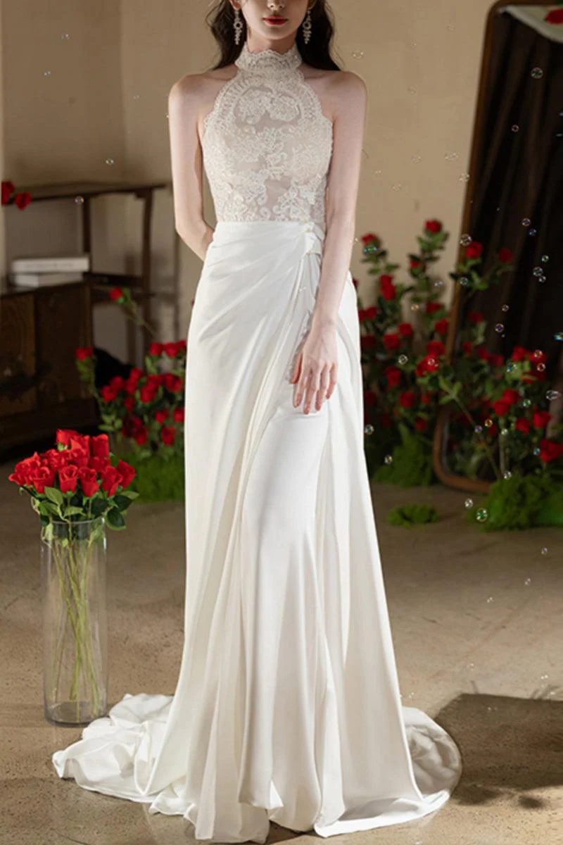 Sheath-Column Chapel Train Lace Satin Wedding Dress 737835089170