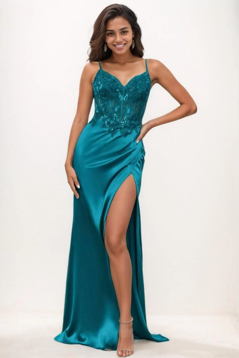 V-Neck Lace Corset High Split Sweep Train Prom Dresses CS0770