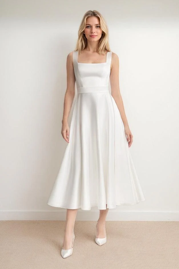 A-Line Tea Length Satin Wedding Dress CW3438