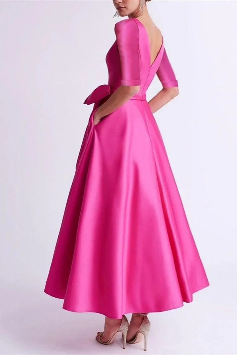 A Line V Neck 3/4 Length Sleeve Tea Length Satin Mother Dresses CM0344