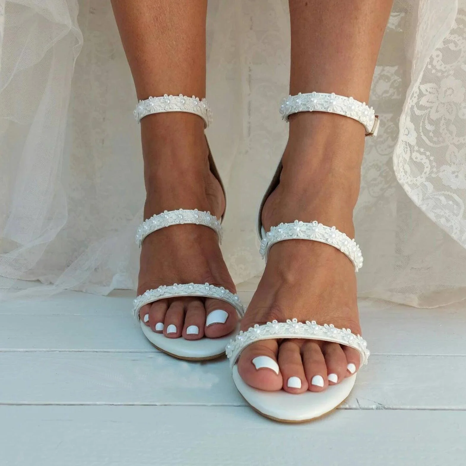 White Lace Ankle Strap Block Heel Sandals 708995413390