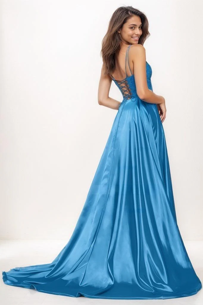 Square Neckline A-Line High Split Sweep Train Prom Dresses CS0773