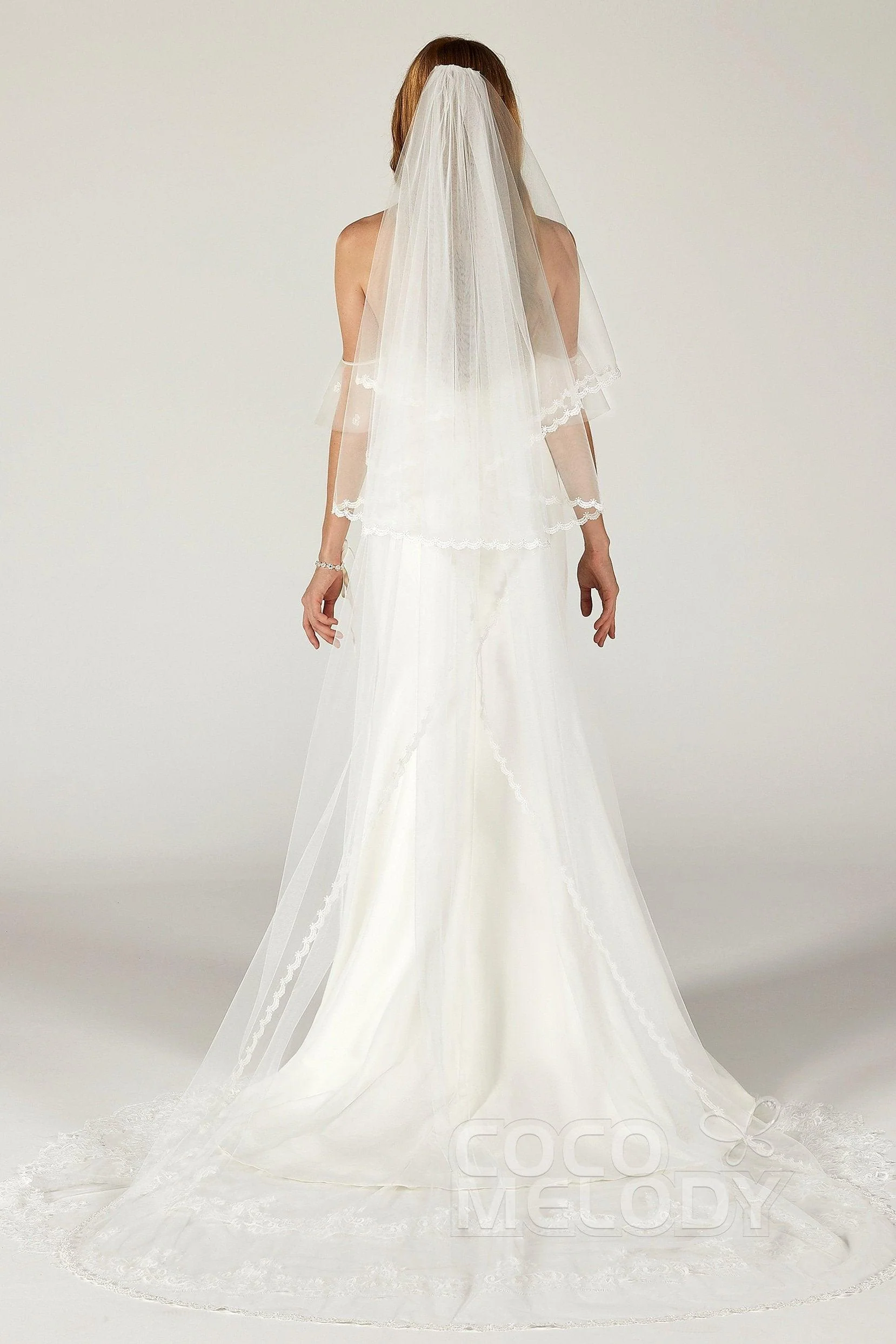 Two-tier Lace Edge Tulle Chapel Veils with Appliques CV0210