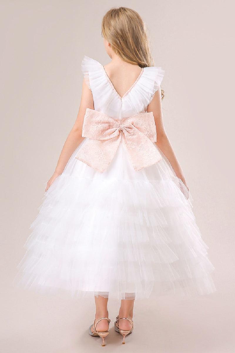 A-line/Princess V Neck Ankle Length Tulle Flower Girl Dress 749446713431