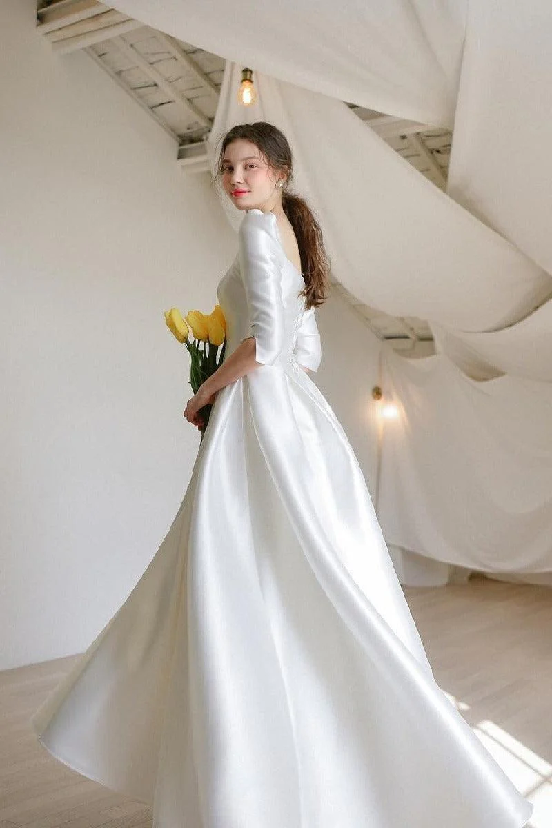 A-Line High-Low Satin Wedding Dress 675834048411