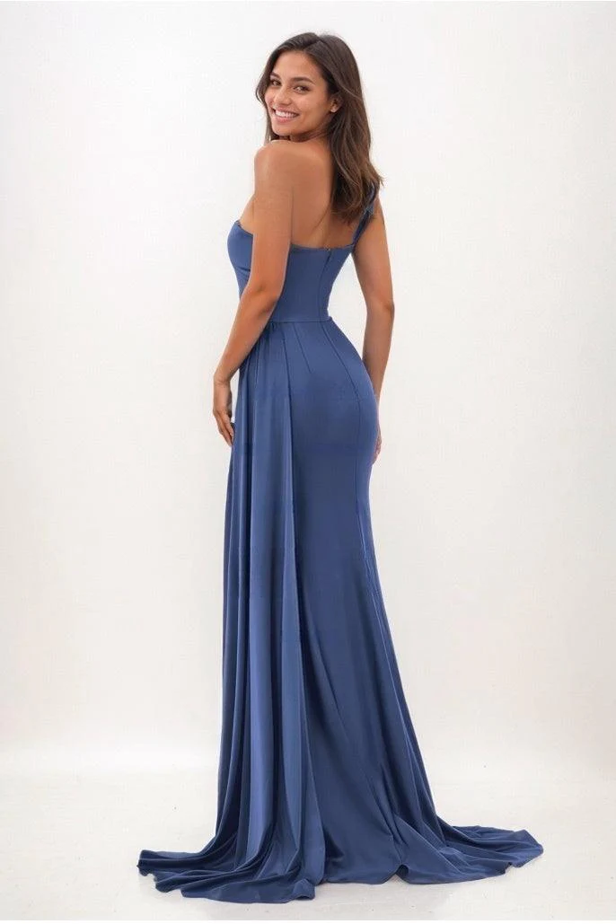 One-Shoulder Sweep Train Satin Prom Dresses With CS0772