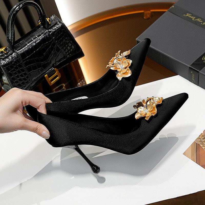 3D Flowers black Satin Pointy Stiletto Heels 769556407493