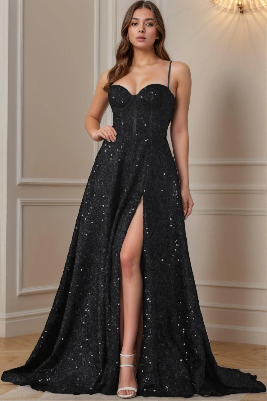 A-Line Sweep-Brush Train Sequined Prom Dress CS0404