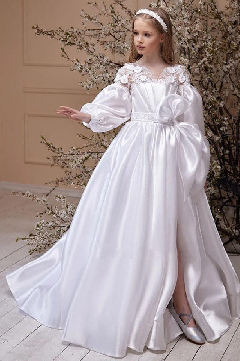 A-Line Illusion Neck Long Sleeve Satin Flower Girl Dresses 750796600612