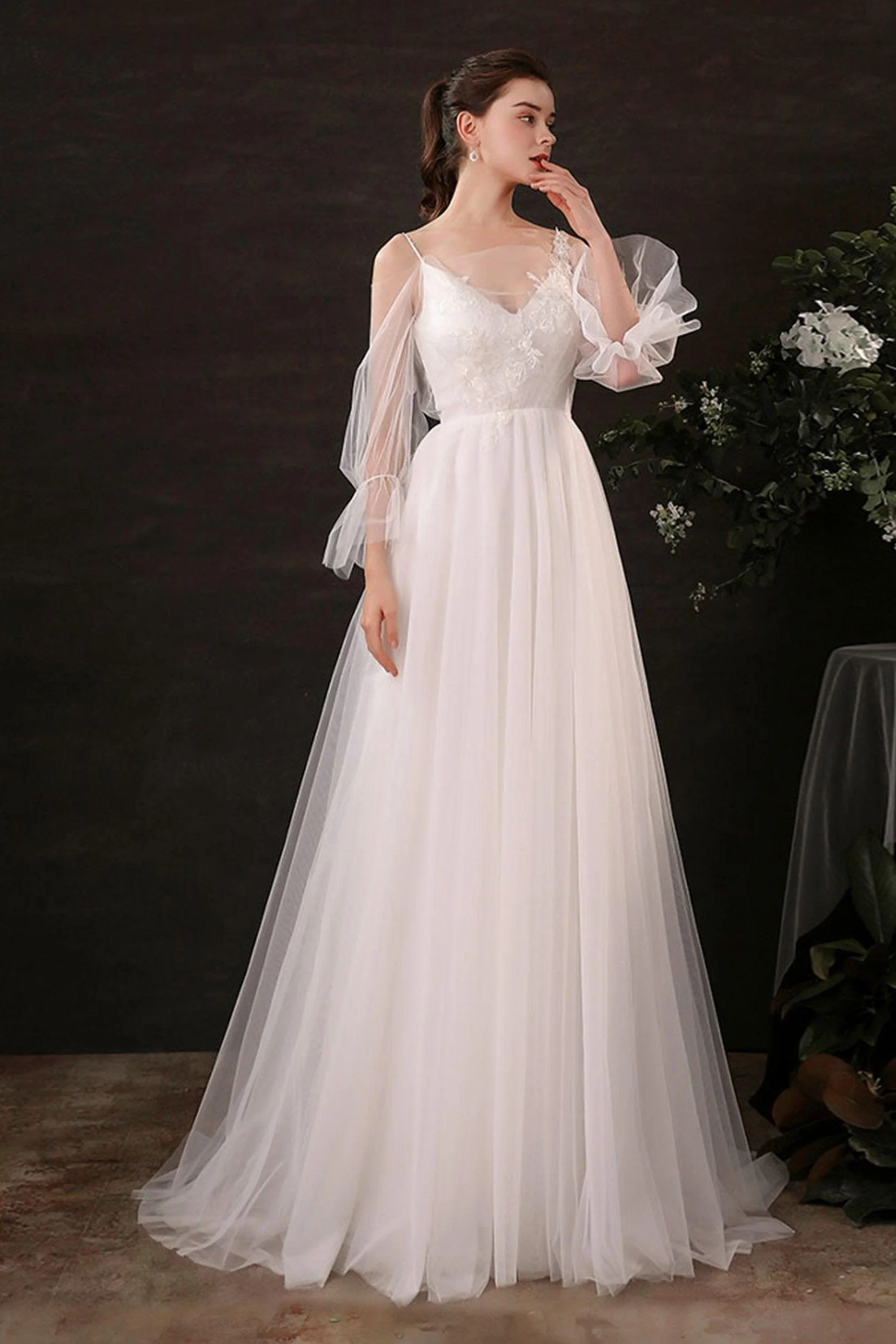 A-Line Floor Length Lace Tulle Wedding Dress CW2688