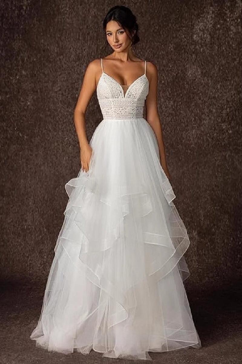 A-Line Sweep-Brush Train Lace Tulle Wedding Dress 864326962533