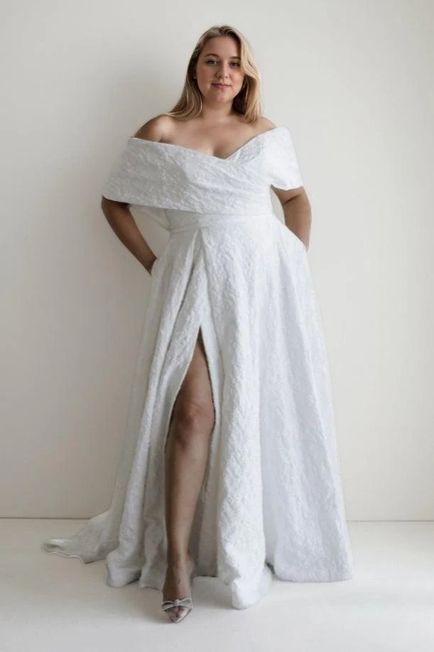 A-Line Sweep-Brush Train Jacquard Satin Wedding Dress CW3481
