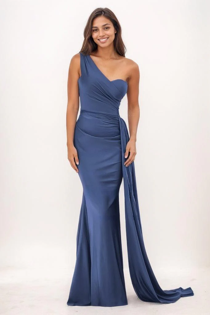 One-Shoulder Sweep Train Satin Prom Dresses With CS0772