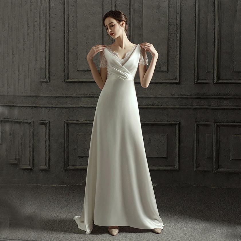 A-Line Sweep-Brush Train Satin Wedding Dress 687832654102