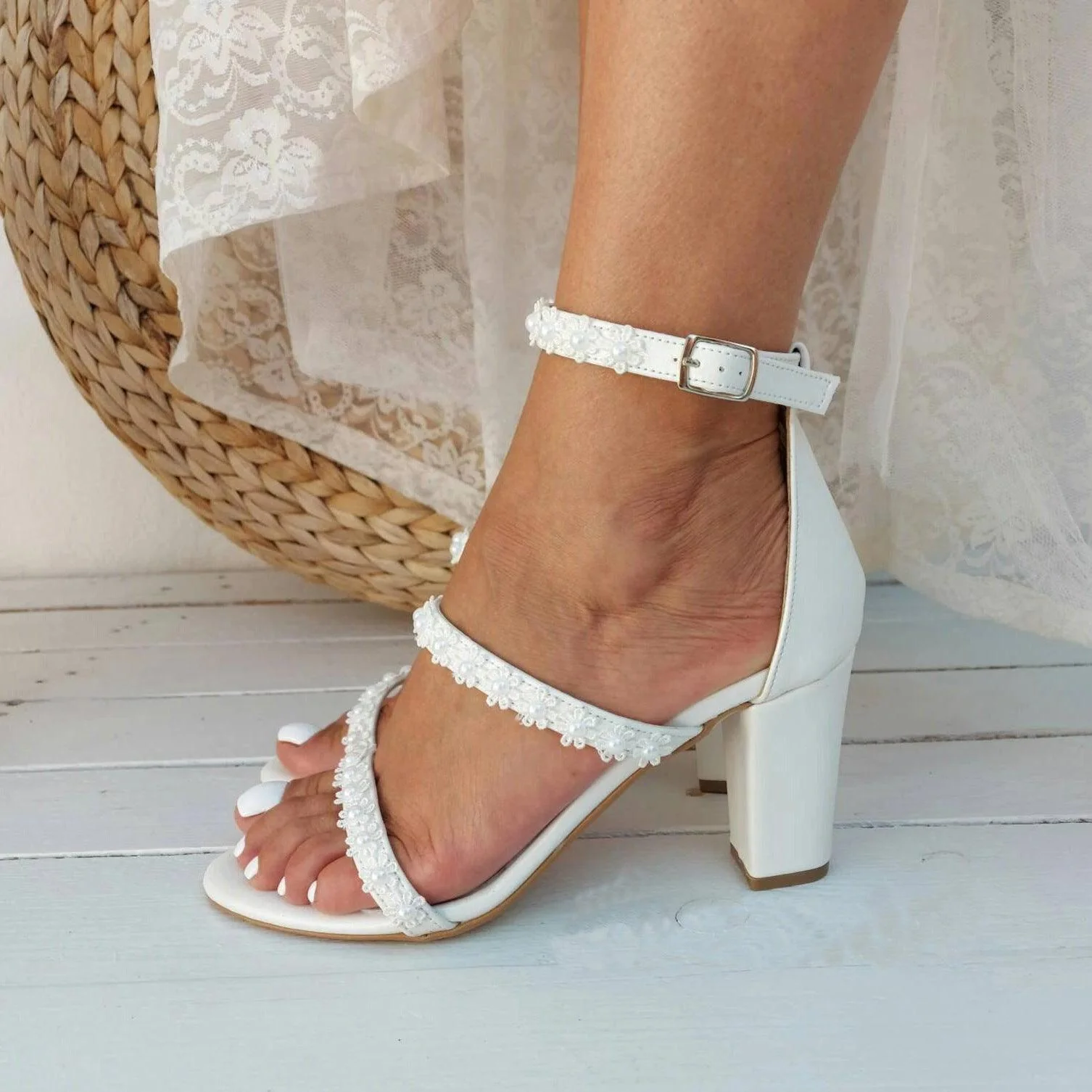 White Lace Ankle Strap Block Heel Sandals 708995413390