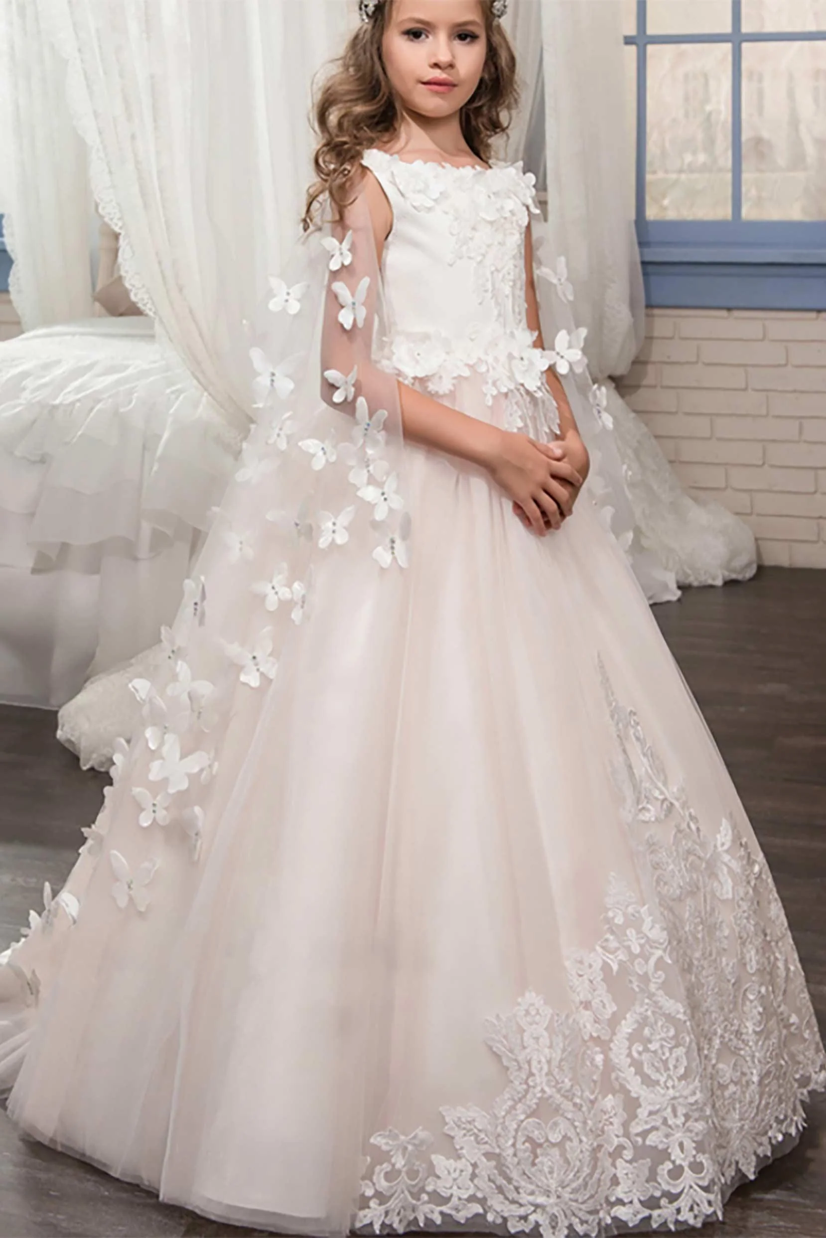 A-Line Floor Length Tulle Lace Flower Girl Dress CF0329