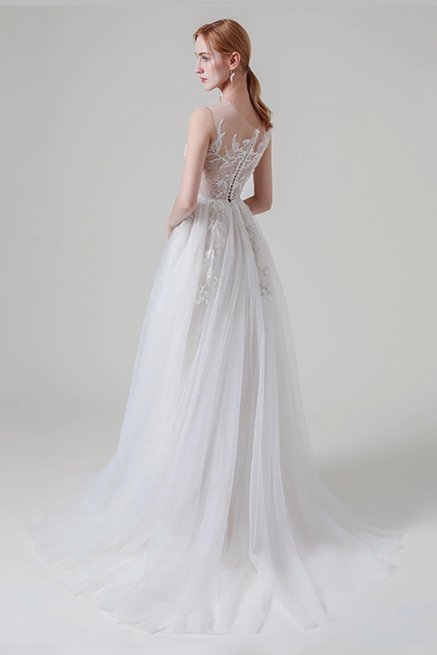 A-Line Sweep-Brush Train Lace Tulle Wedding Dress CW2704