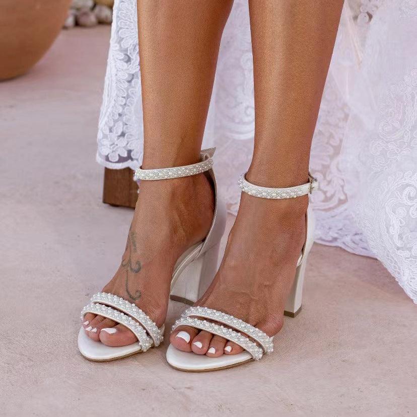 Pearl Faux Leather Ankle Strap Block Heels 728525145929