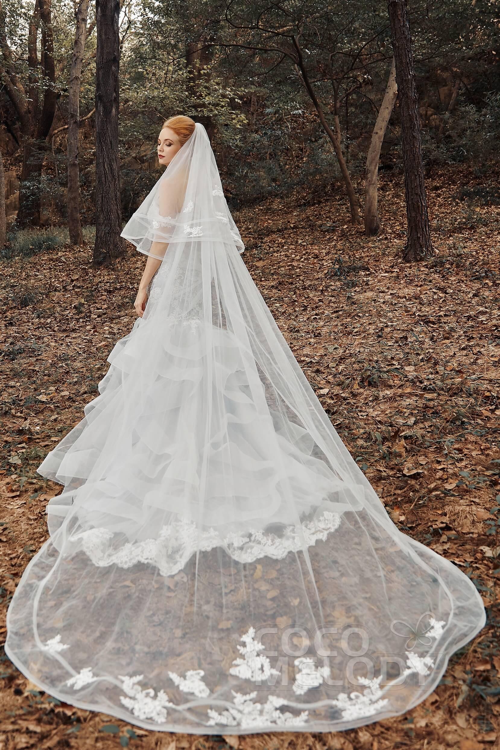 Two-tier Lace Edge Tulle Cathedral Veils Appliques CV0192