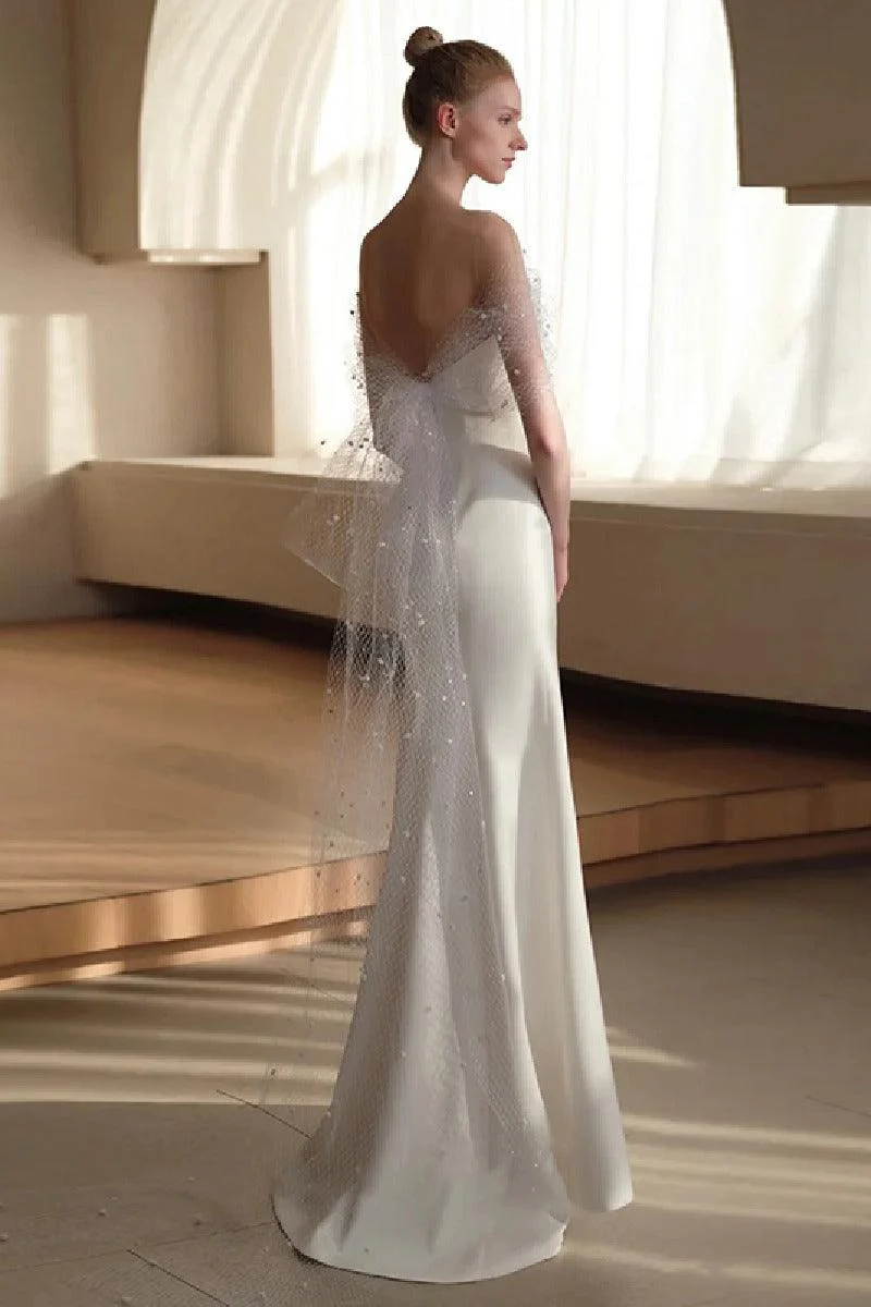 Sheath-Column Sweep-Brush Train Satin Wedding Dress 681142138334