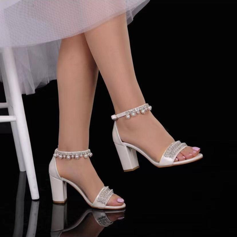 White Pearl and Rhinestone Ankle Strap Block Heel Sandals 728679690326