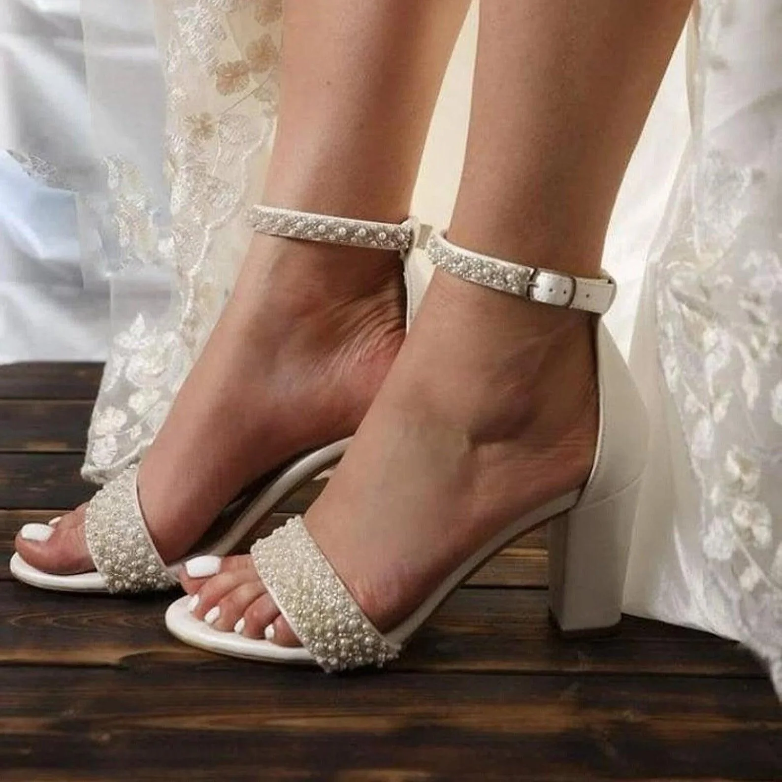 White Pearl Ankle Strap Round Block Heel Sandals 708036540906
