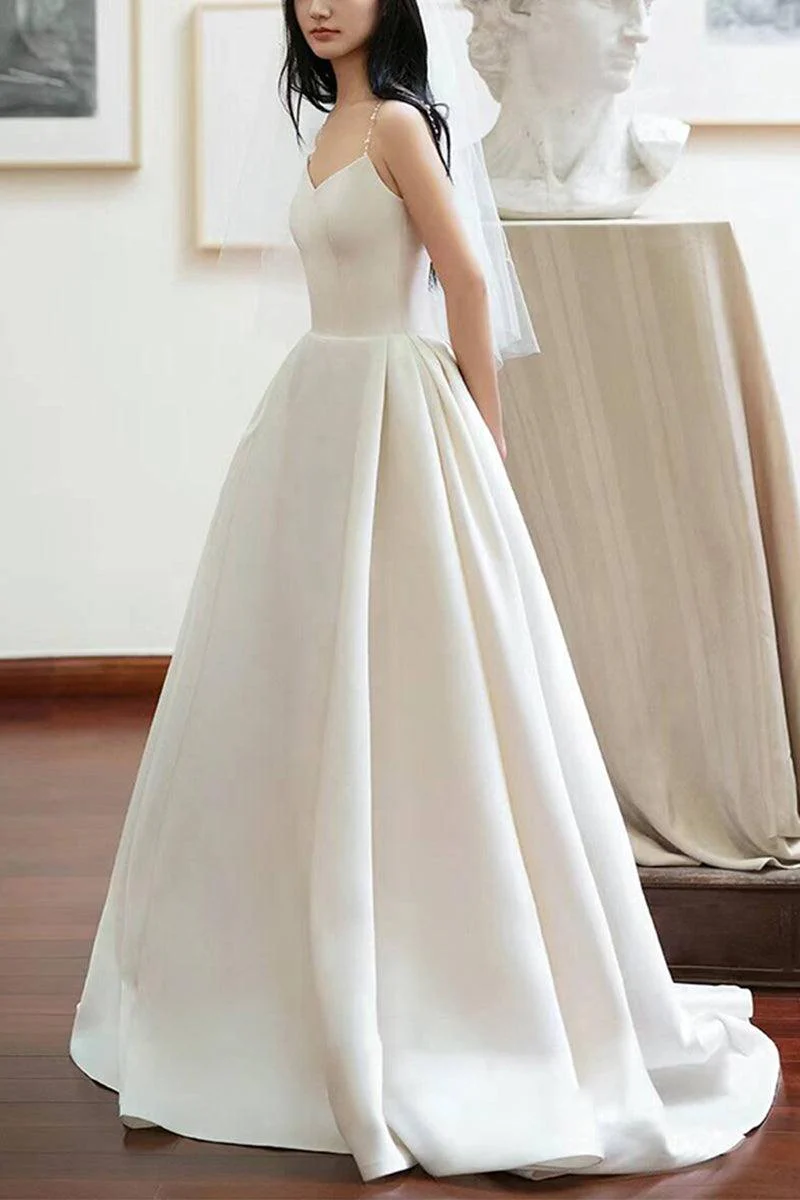 A-Line Sweep-Brush Train Satin Wedding Dress 803828592874