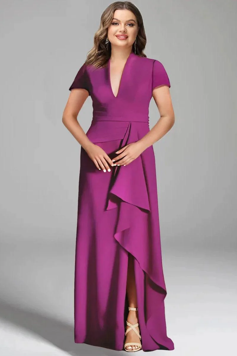 Sheath Column V Neck Short Sleeves Floor Length Mother Dresses CM0377