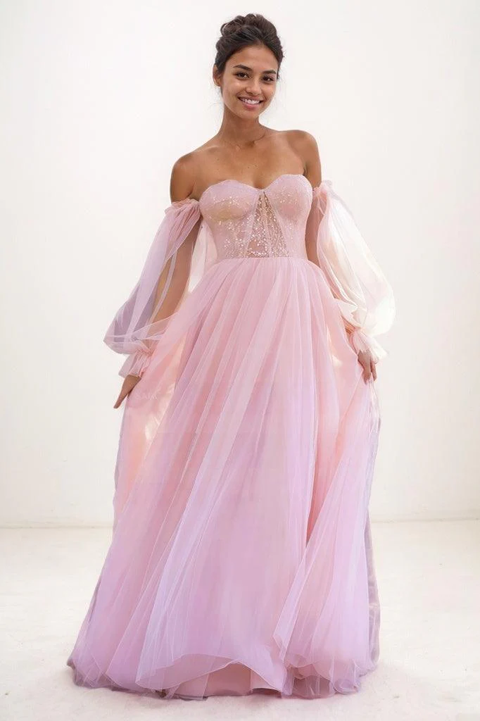 Off-The-Shoulder Long Lantern Sleeves Tulle Prom Dresses CS0776