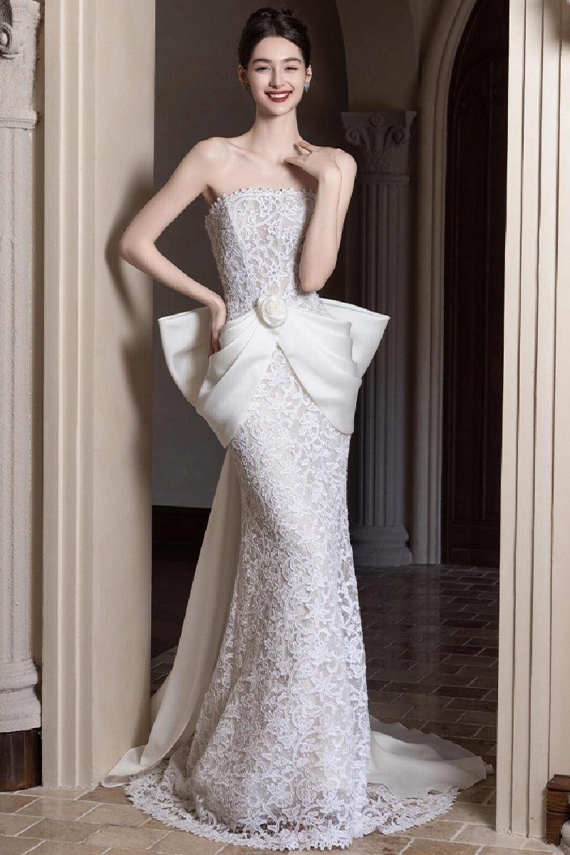 Sheath-Column Sweep-Brush Train Lace Wedding Dress 856822233361