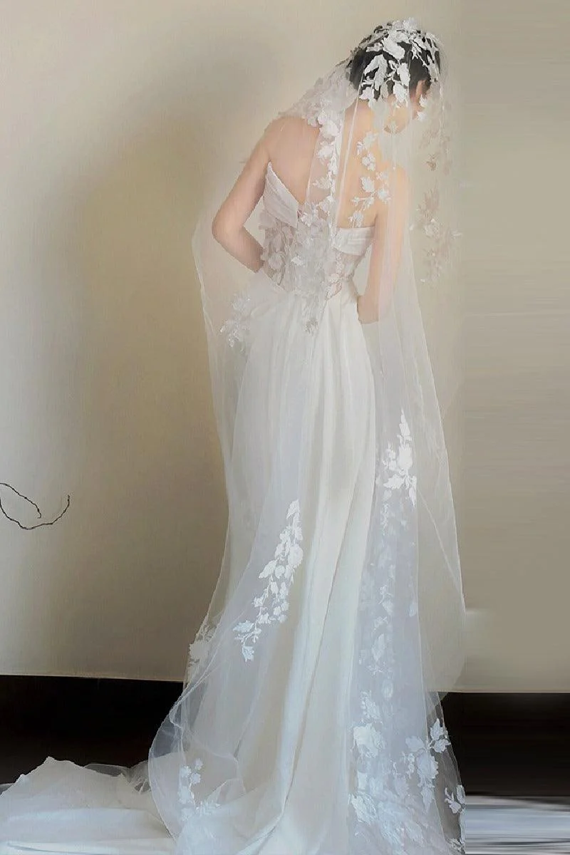 Sheath-Column Sweep-Brush Train Lace Satin Wedding Dress 783313297177