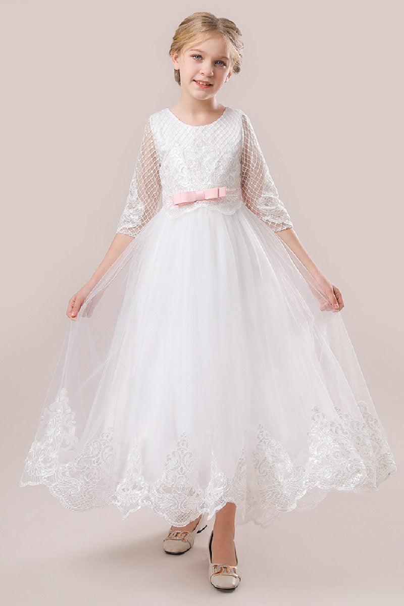 A-Line Scoop Neck 3/4 Length Sleeve Lace/Tulle Flower Girl Dresses 720237891676