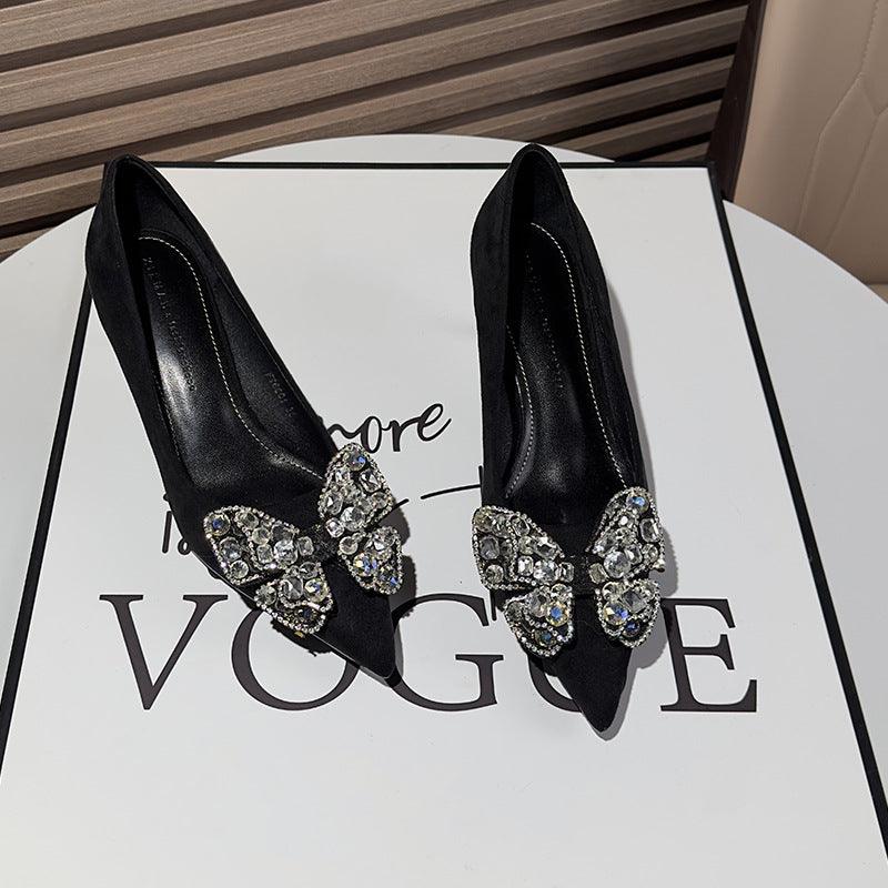 Black Suede Rhinestone Bowknot Pointy Stiletto Heels 770222542136